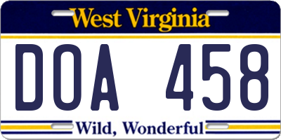 WV license plate DOA458