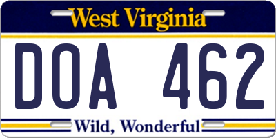 WV license plate DOA462