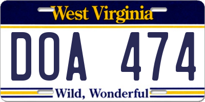 WV license plate DOA474