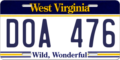 WV license plate DOA476