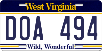 WV license plate DOA494