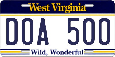WV license plate DOA500