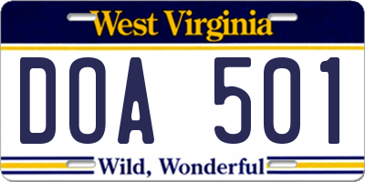 WV license plate DOA501