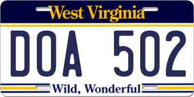 WV license plate DOA502