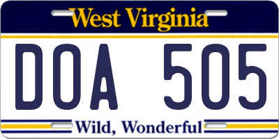 WV license plate DOA505