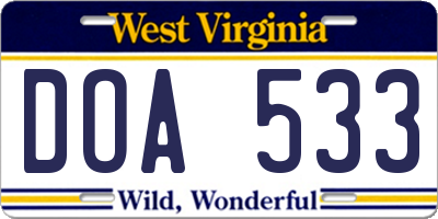WV license plate DOA533