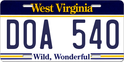 WV license plate DOA540