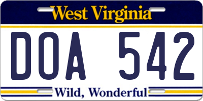WV license plate DOA542