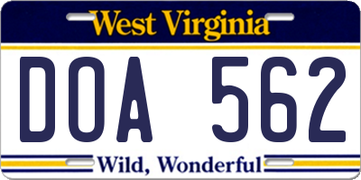 WV license plate DOA562