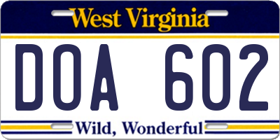 WV license plate DOA602