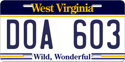 WV license plate DOA603