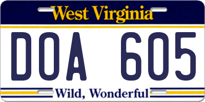 WV license plate DOA605