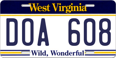 WV license plate DOA608