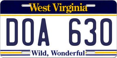 WV license plate DOA630
