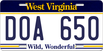 WV license plate DOA650