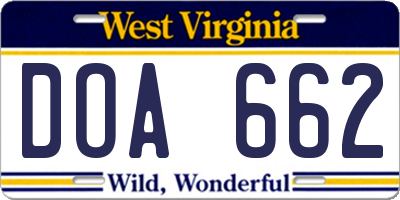 WV license plate DOA662