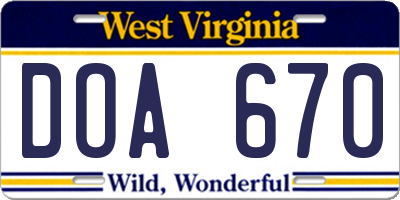 WV license plate DOA670