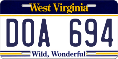 WV license plate DOA694