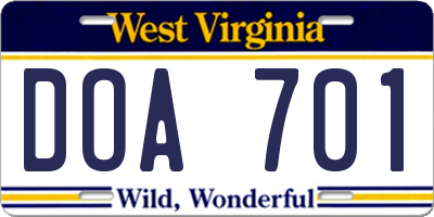 WV license plate DOA701
