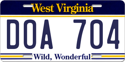 WV license plate DOA704