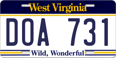 WV license plate DOA731