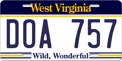 WV license plate DOA757