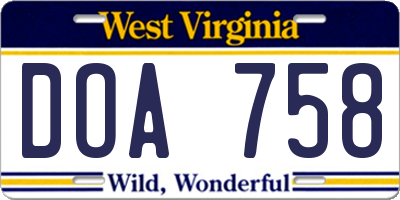WV license plate DOA758