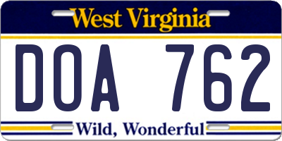 WV license plate DOA762