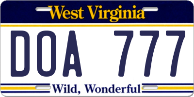 WV license plate DOA777