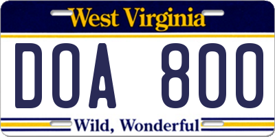 WV license plate DOA800