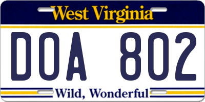 WV license plate DOA802