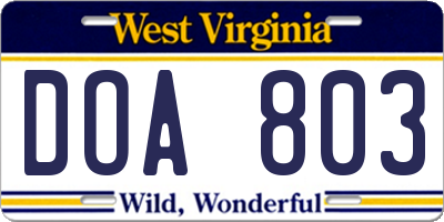 WV license plate DOA803