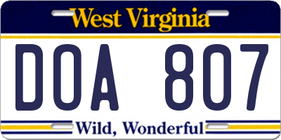 WV license plate DOA807
