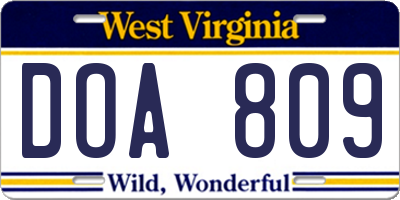 WV license plate DOA809
