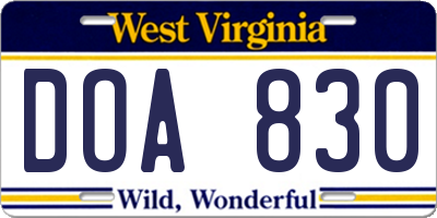 WV license plate DOA830