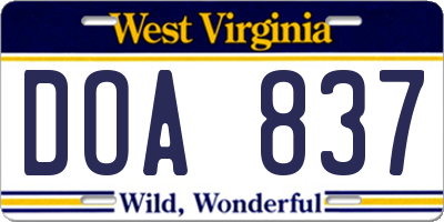 WV license plate DOA837