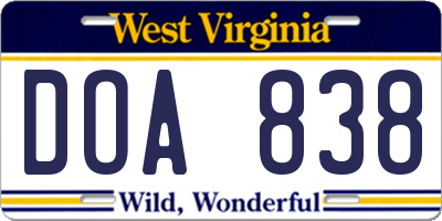 WV license plate DOA838