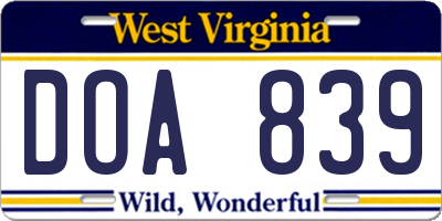 WV license plate DOA839