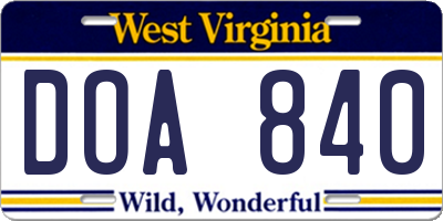 WV license plate DOA840