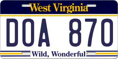 WV license plate DOA870