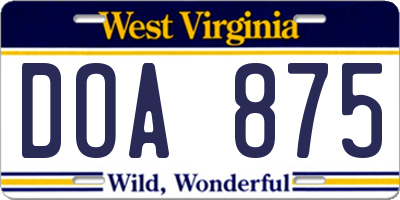 WV license plate DOA875