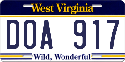 WV license plate DOA917