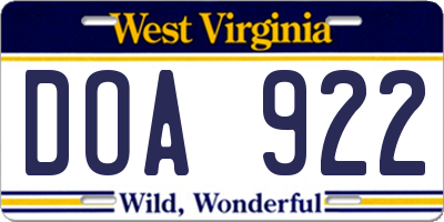 WV license plate DOA922