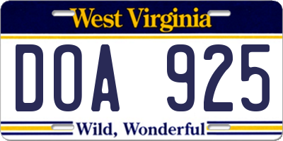 WV license plate DOA925