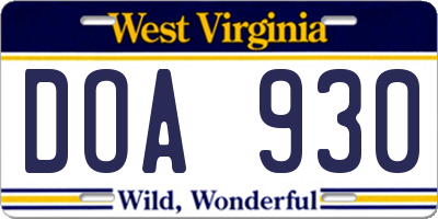 WV license plate DOA930