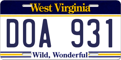 WV license plate DOA931