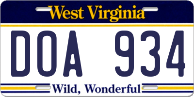 WV license plate DOA934