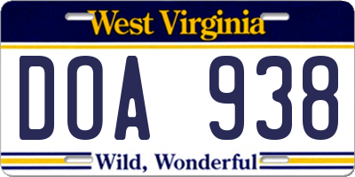WV license plate DOA938