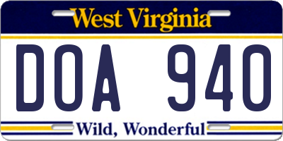 WV license plate DOA940