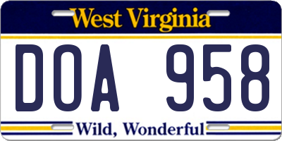 WV license plate DOA958